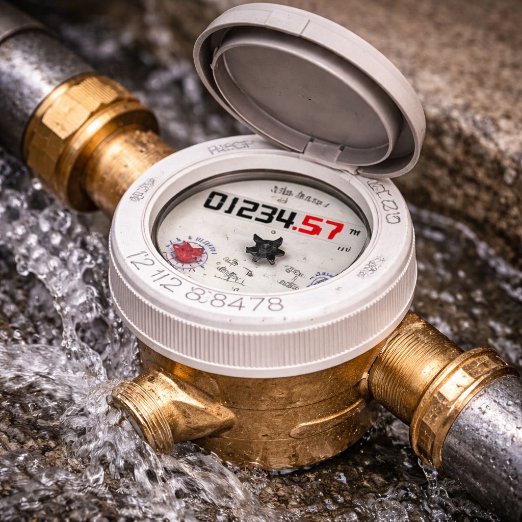 Single jet water meter installed on a water supply pipe during operation